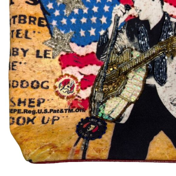 Ashley‎ M Women Embellished Patriotic Elvis Print Handbag Multicolor Beaded Flag - Picture 3 of 16